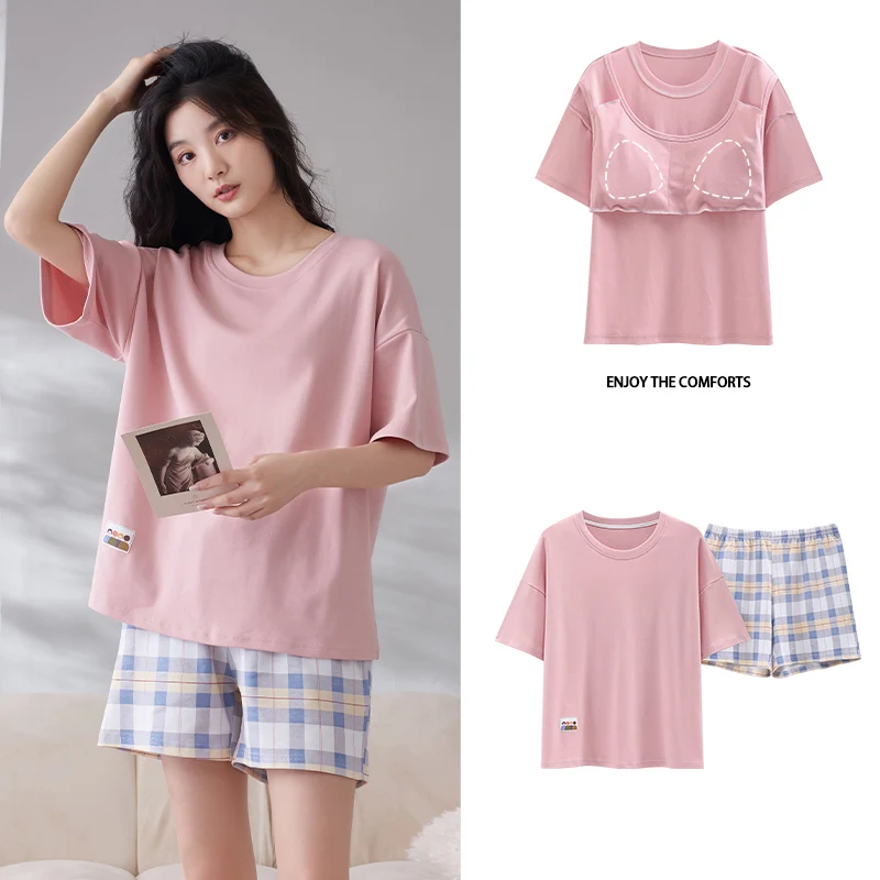 Home Suit for Women Pajamas Summer Loose Sleepwear 100% Cotton Luxury Thin Pyjama Set Elegant 2 Pcs Short Sleeve Free Shipping