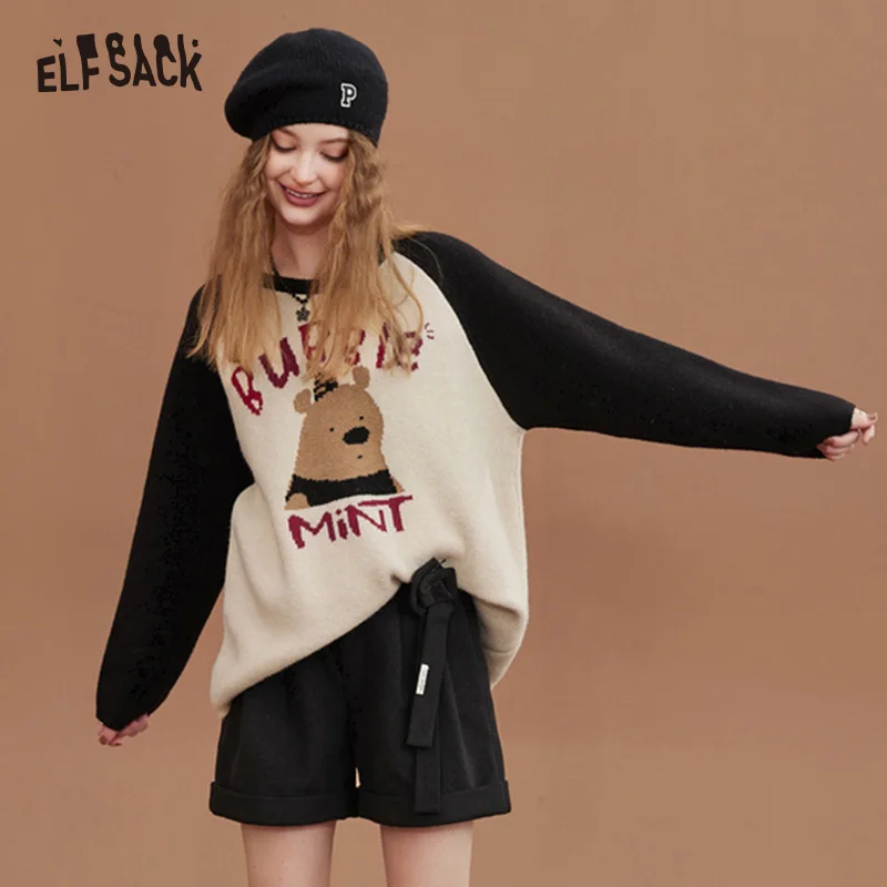 ELFSACK Spliced Warm Sweater Women 2022 Winter Casual Vintage Loose Knitwears