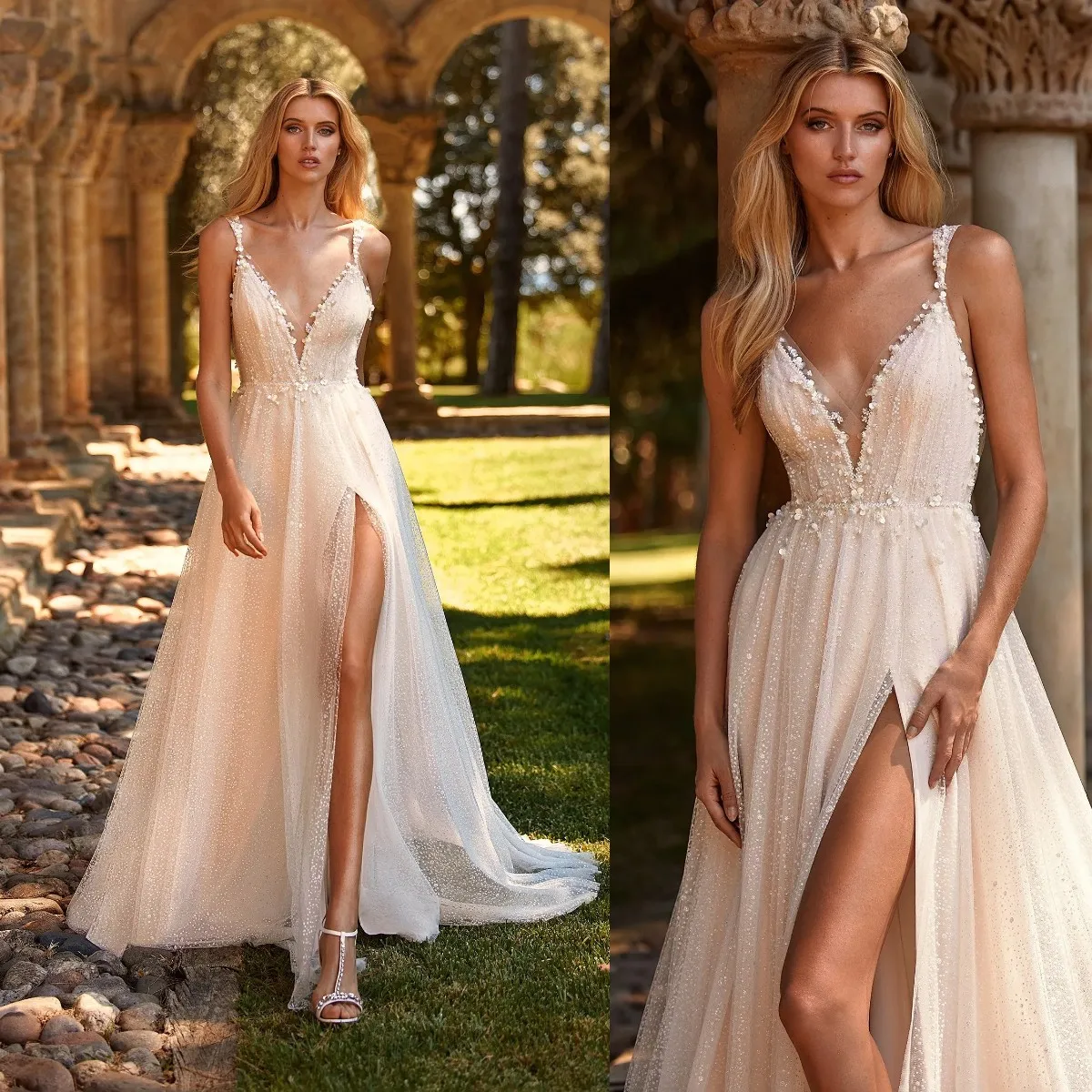

2023 Customize A-Line Wedding Dress V-Neck Spaghetti Straps Sparkly Beaded Side Slit Bridal Gown Sexy Backless Vestidos De Noiva