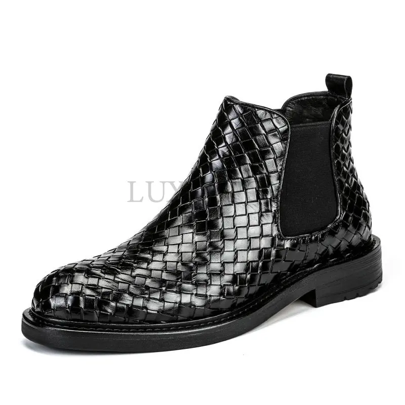 

Chelsea Boots Men Leather Fashion Weave Pattern Leather Boot Shoes Mens Slip-on Business Shoes Formal Dress Shoes Ankle Boots