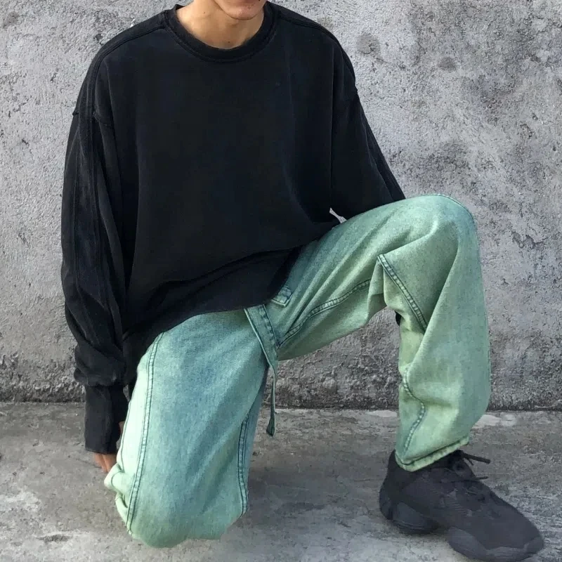 Men Trendy Straight Jeans Green Streetwear Hip-hop Skateboarding Retro Casual Wide Legs Youth Male Harajuku Style Denim Pants