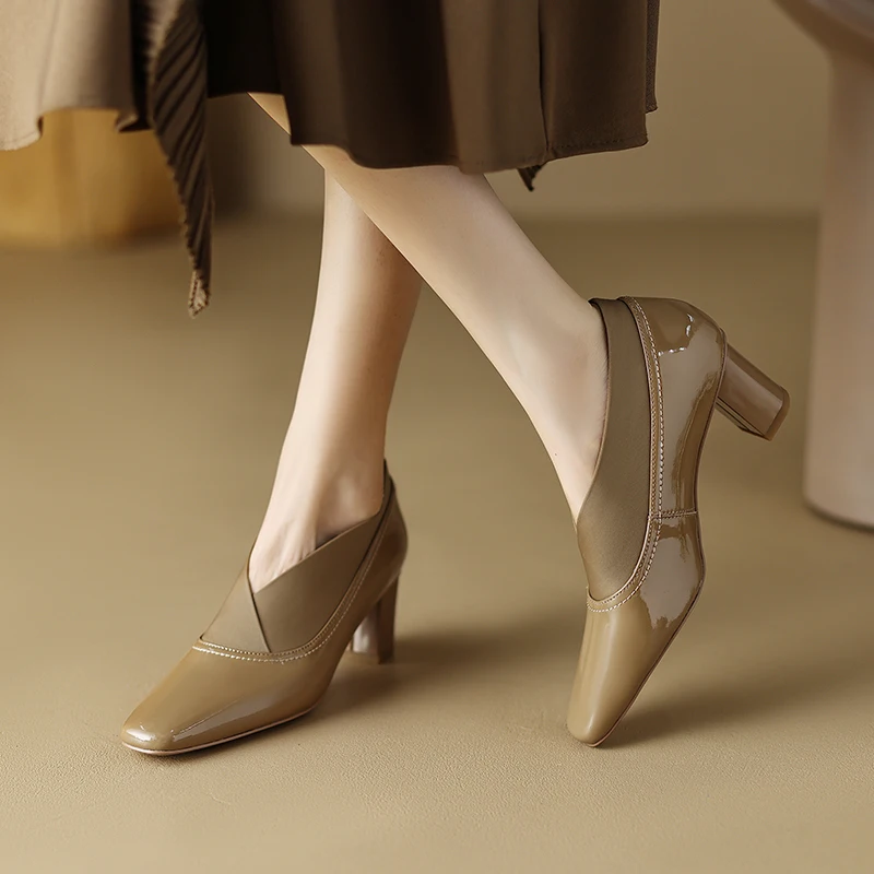 Spring and Autumn Cowhide Women's Shoes Square Toe Lacquer Leather Elastic Belt High Heel Simple Thick Heel Women's Shoes