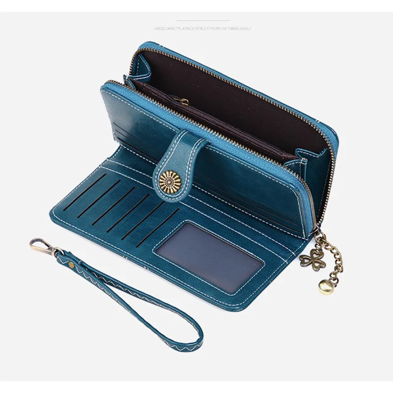 Free Custom Name Oil-Waxed Leather Wallets for Women Fashion Zipper Handbag Multi-Cards Ladies Coin Purse Gift Idea Phone Bag