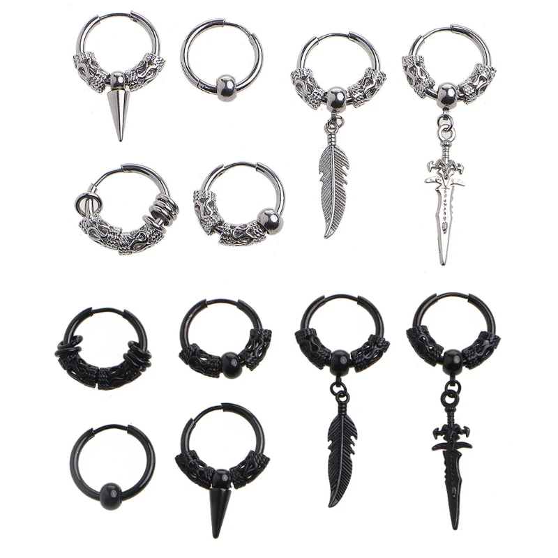 

6x Vintage Huggie Hoop Earring for Men Hip Hop Punk Rock Earrings Silver Black