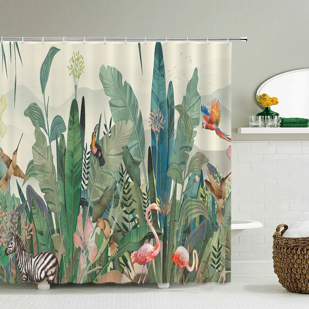 

Tropical Plant Flamingo Shower Curtains Green Leaves Waterproof Polyester Fabric Home Decoration Bath Screen Bathroom Accessorie