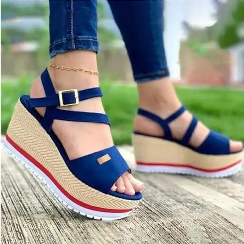 Women Wedge Sandals Summer Peep Toe New Plus Size 43 Female Shoes Solid Color Backstrap Comfortable Casual Women's Sandals