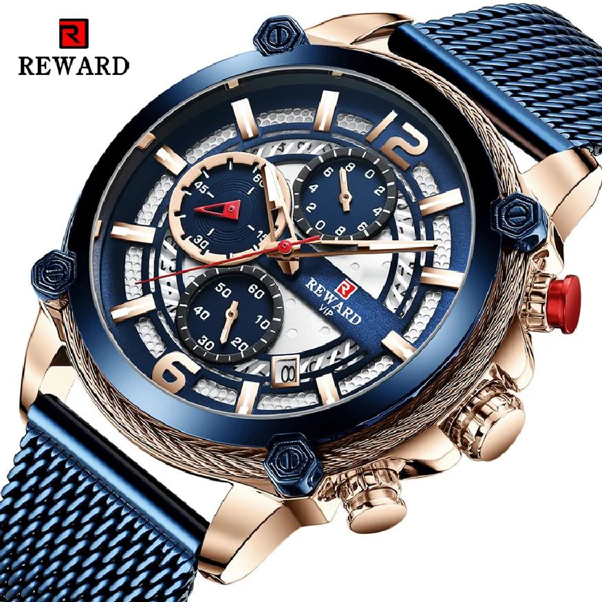 

Часы наручные мужские кварцевые, роскошные брендовые водонепроницаемые спортивные с синим стальным сетчатым хронографом