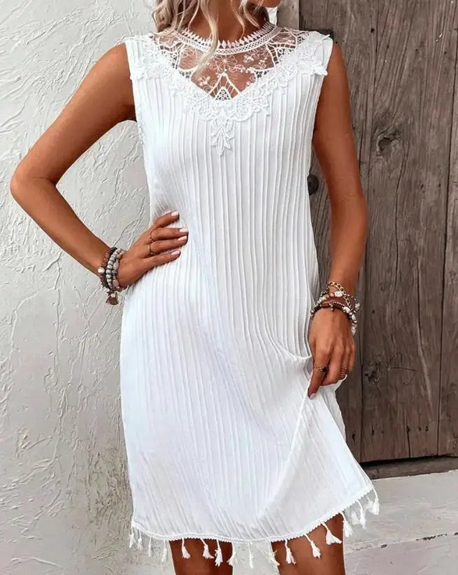 Elegant Party Dresses for Women 2023 New Casual Fashion Sleeveless Lace Patch Tassel Design Textured Midi Dress