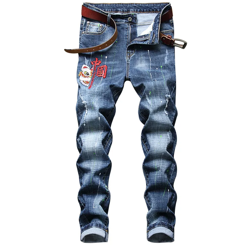 Four Seasons Men's Jeans Embroidered Print Frayed Hole Skinny Jeans Men Slim Trousers Fashion Streetwear Mens Ins Hot Sale JEANS