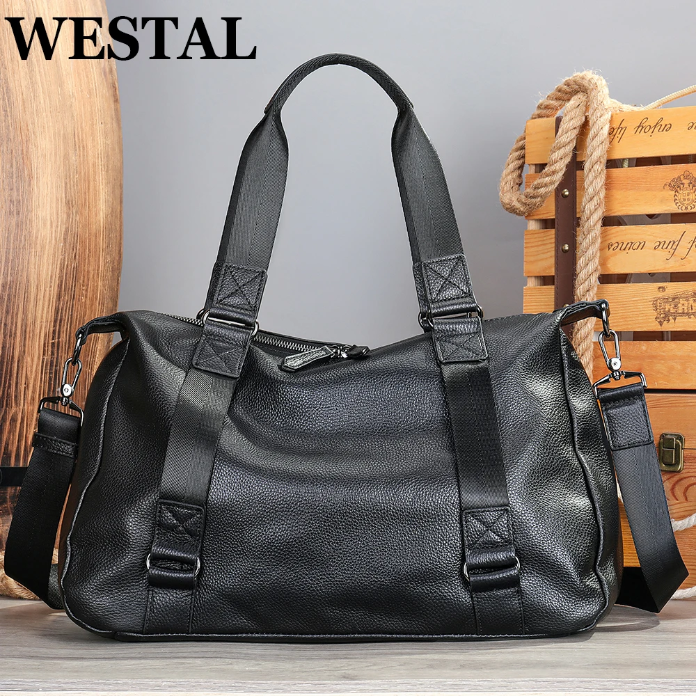WESTAL Genuine Leather Travel Duffle Men Large Capacity Messenger Weekender Bags 15.6 Inch Laptop Handbags Business Trip 1149