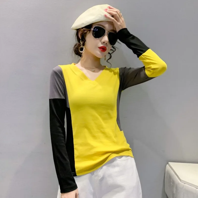 

#9548 Spring 2022 Spliced Color Long Sleeve T Shirt Women V Neck Sexy Tight T Shirt Femme Cotton Casual Streetwear Women Tops