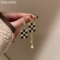 xialuoke fashion asymmetric round square crystal pearl drop earrings for women elegant black white tassel earrings party jewelry