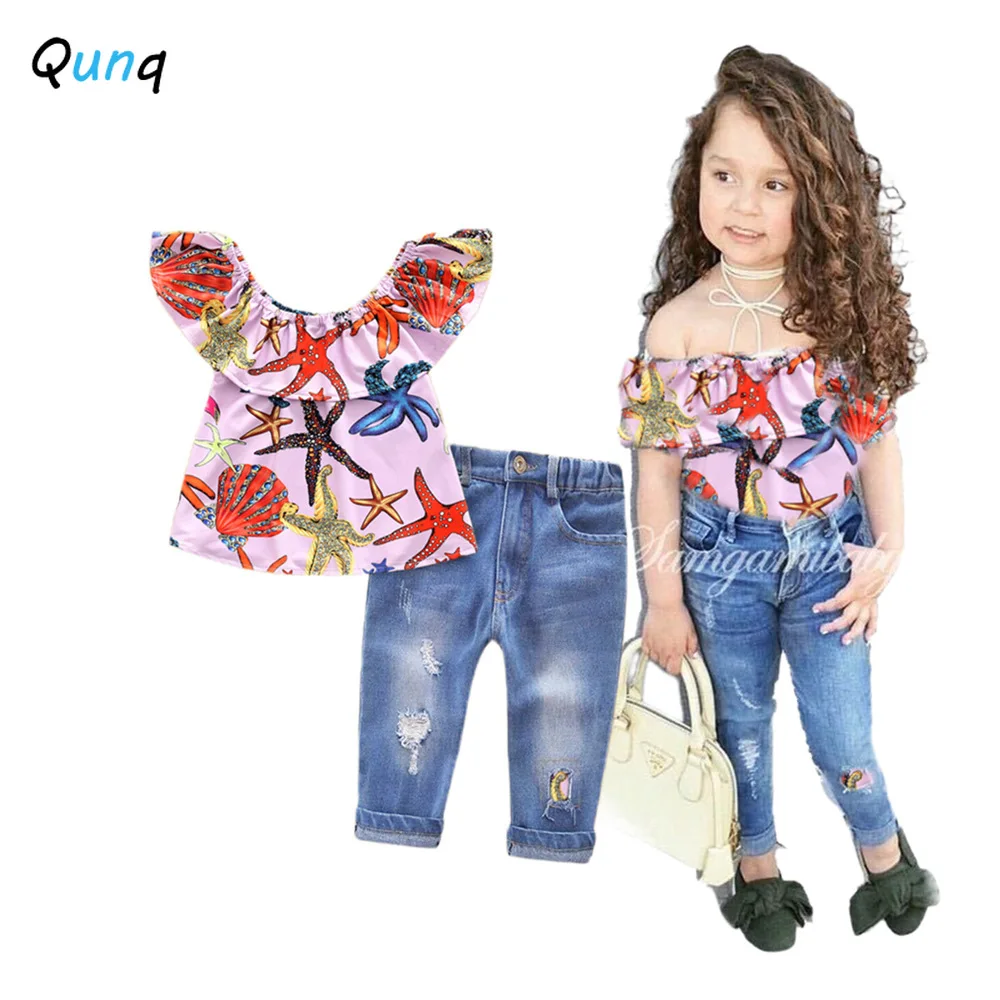 

Qunq Spring/Summer New 2022 Girl Cartoon Sleeveless Top + Jeans Ripped Pants 2 Pieces Set Lovely Casual Kids Clothes Age 3T- 8T