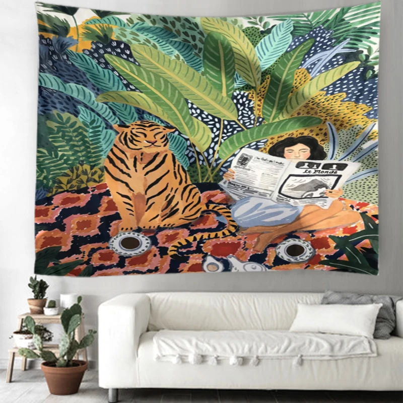 

Women And Animals Pictorial Tapestry Art Deco Blankets Curtains Hanging At Home Bedroom Living Room Decor Polyester Hippie