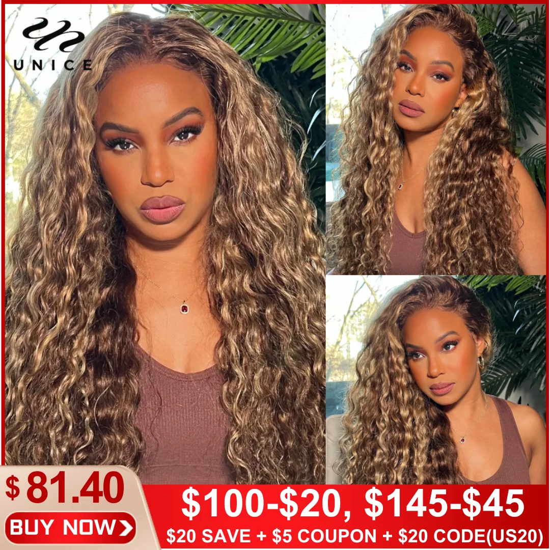 UNice Hair Mixed Brown Blonde Highlight Water Wave 13x4 Lace Front Wig Human Hair Preplucked HD Lace Wear Go Glueless Wig