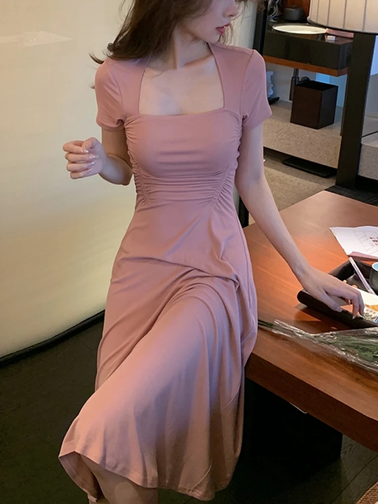 

Шикарное и элегантное французское платье, облегающее корейское модное пикантное платье миди с коротким рукавом, повседневные летние плать...