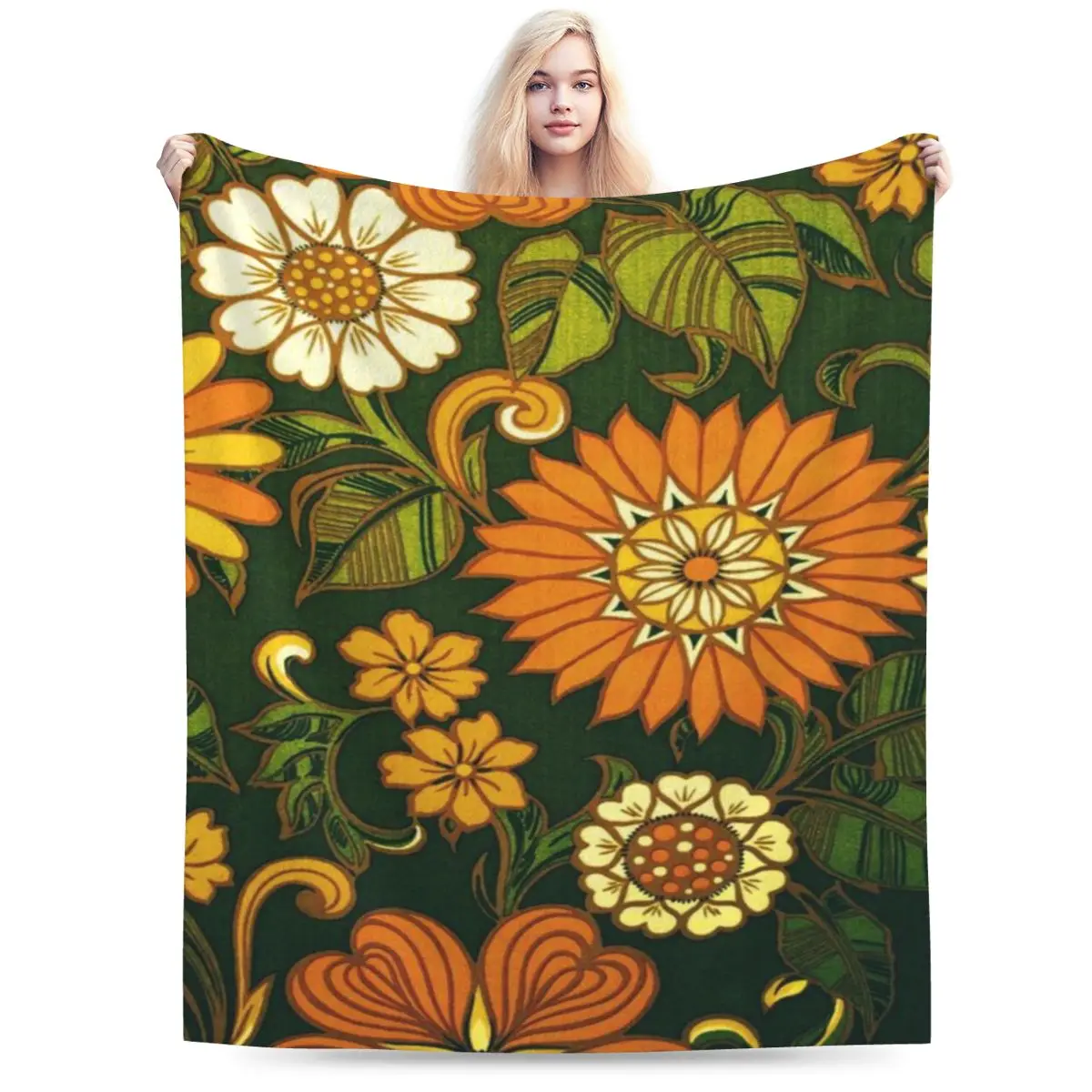 Ультрамягкое Флисовое одеяло с зеленым и оранжевым узором 70-х