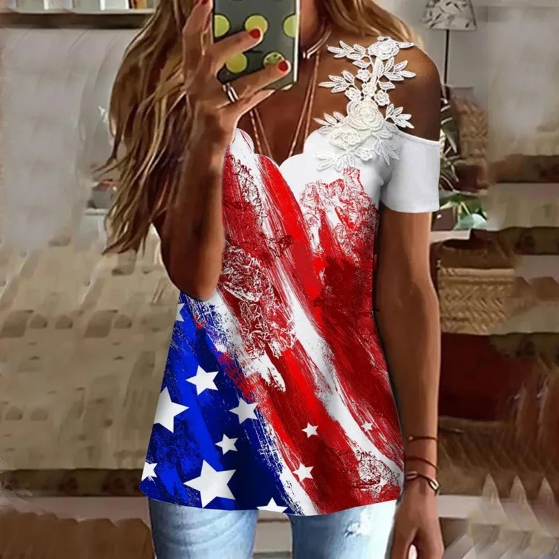 

2022 Summer Wish Amazon New Cross Border Hot Selling Flag Printed Lace Stitched Short Sleeve Top