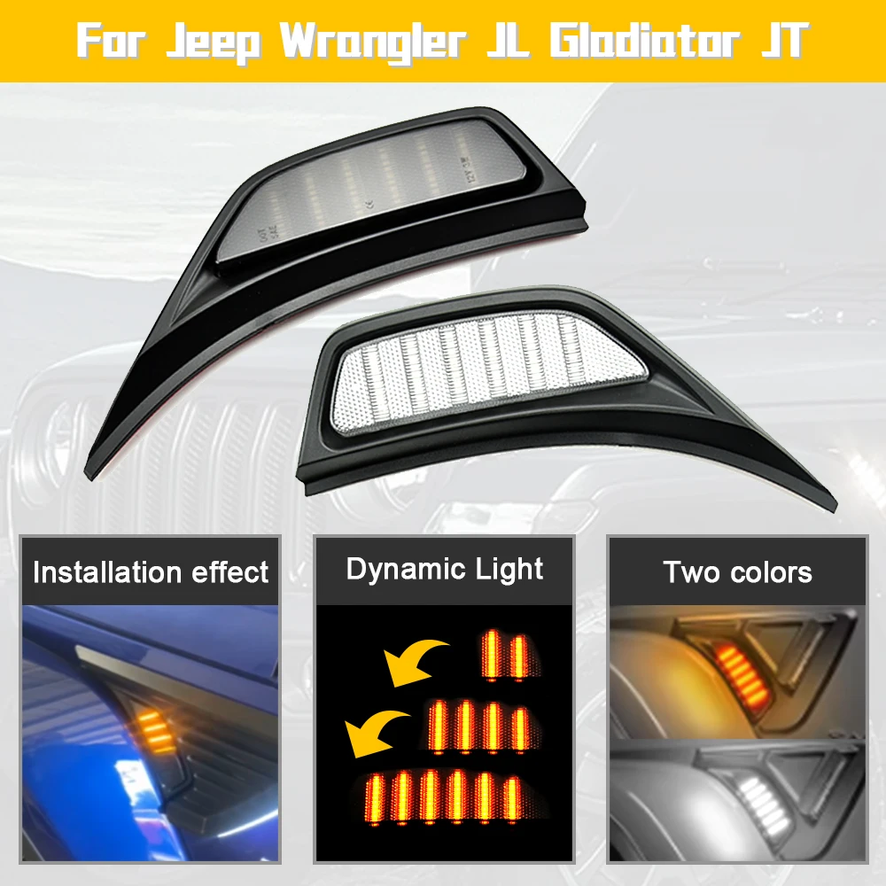 2x Przydymione przednie błotniki LED Powtarzające boczne światła obrysowe DRL do jazdy dziennej dla Jeep Gladiator JT Wrangler JL Rubicon Sahara