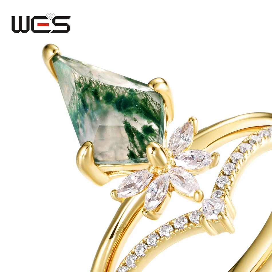 WES стерлингового серебра 925 пробы натуральный мох агат набор колец для женщин 7*12