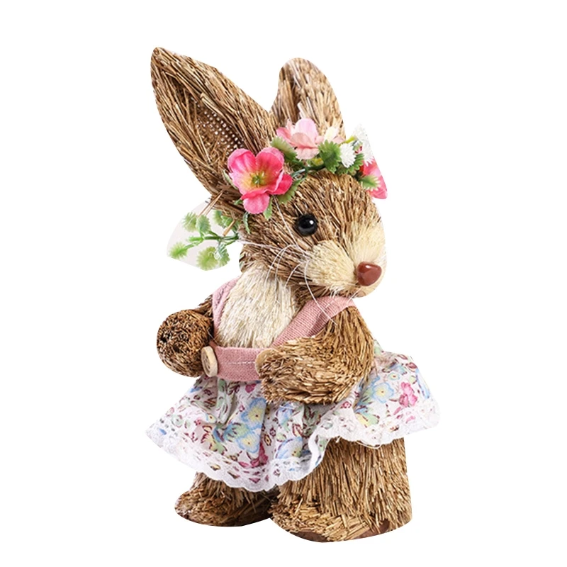 

Пасхальный соломенный кролик, украшение для творческого искусственного кролика для куклы с цветочным венком, фартук, вертикальная Статуэтка