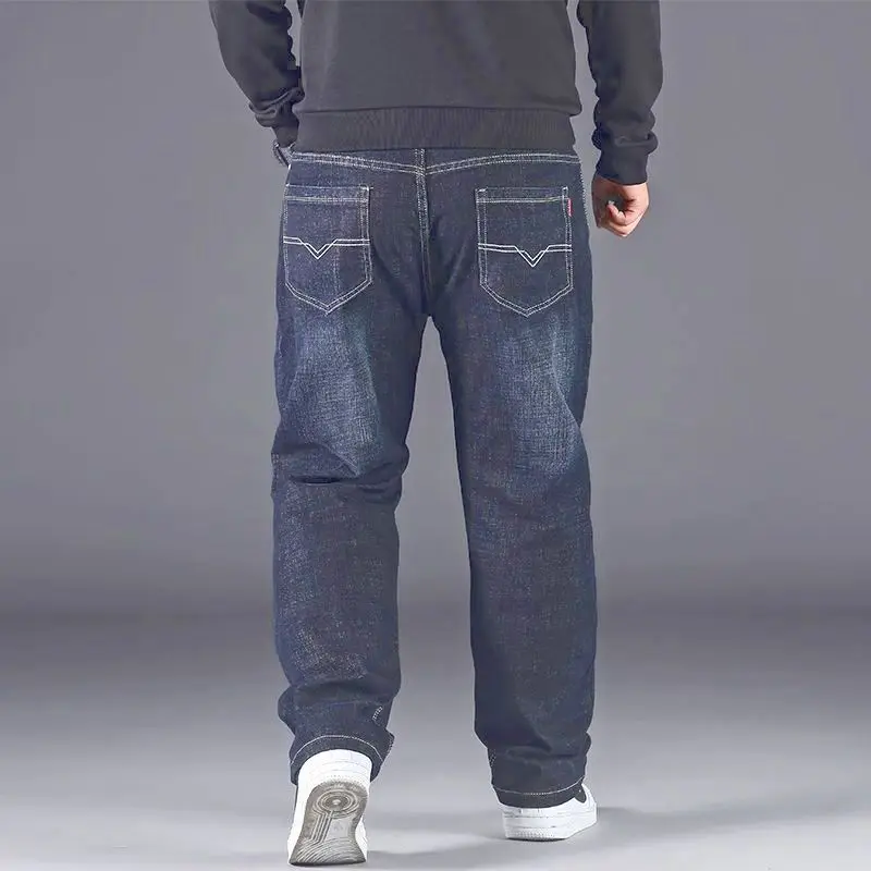 Invisible Open-Seat Pants Oversized Jeans Men's Loose Straight Stretch Fleece Thick Trousers Sex Free and Convenient Wild