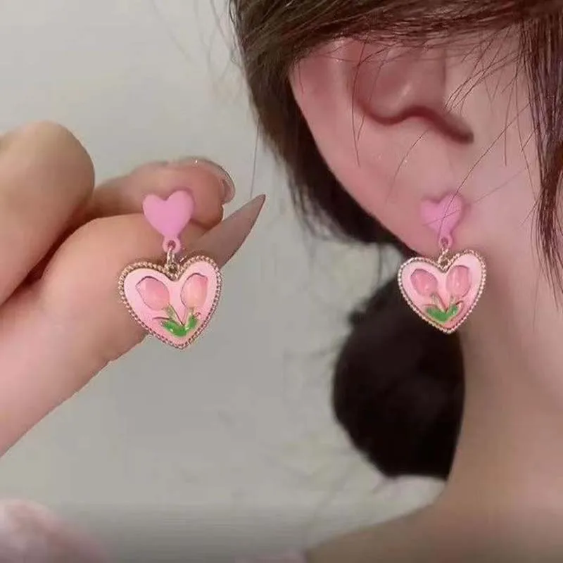 

Pink Tulip Flower Heart Earrings for Women 2023 New Exquisite Vintage Spring Dangle Earrings Korean Ear Ring Aesthetic Jewelry