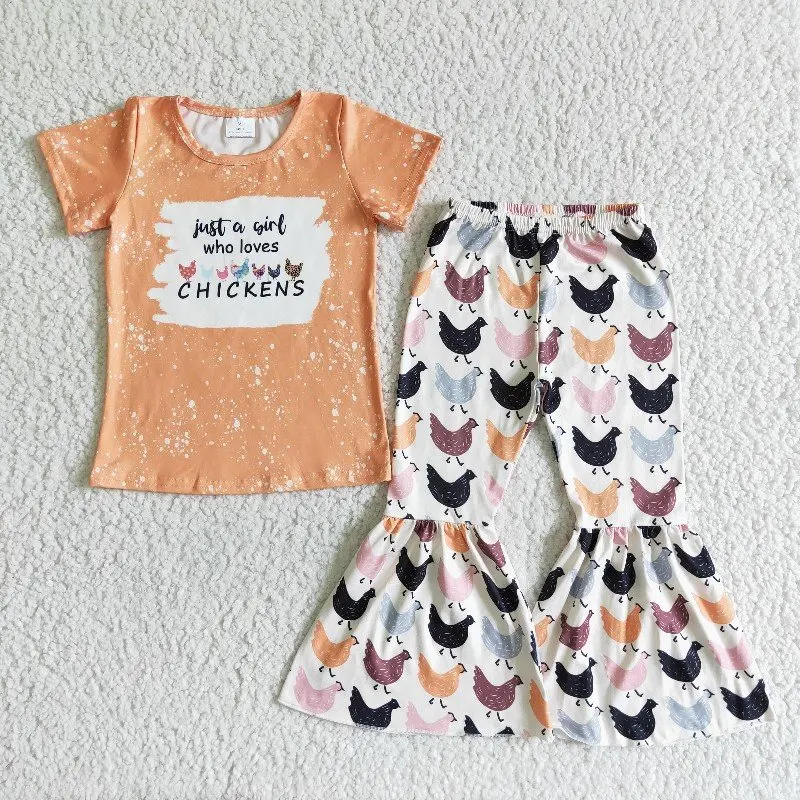 

Just a Girl Who Loves Chickens Baby Girl New Clothes Farm Life Orange Top Bell Bottom Pants Kids Outfit Spring Fall Children Set