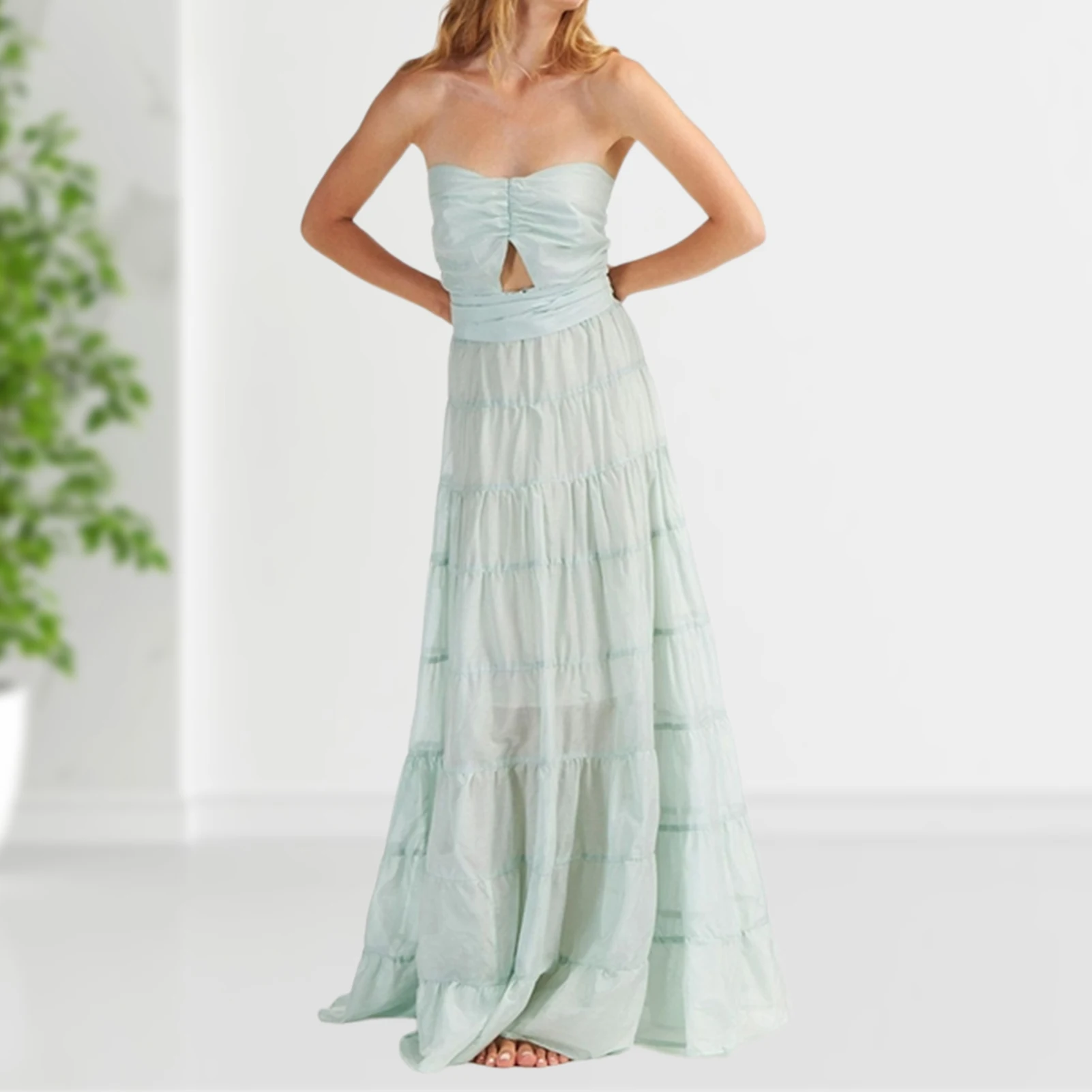 

Ladies Bodycon Maxi Dress Ruffle Hem Women Strapless Long Dress Elegant Style Loose Fit Solid Color Cocktail Party Clothing