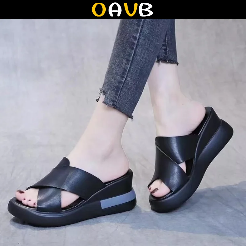 

OAVB Shoes For Women Wedge Heel Thick Slippers Solid Color Casual Sandals Beach Holiday Slipper Sandal 2023 New Shoes Summer