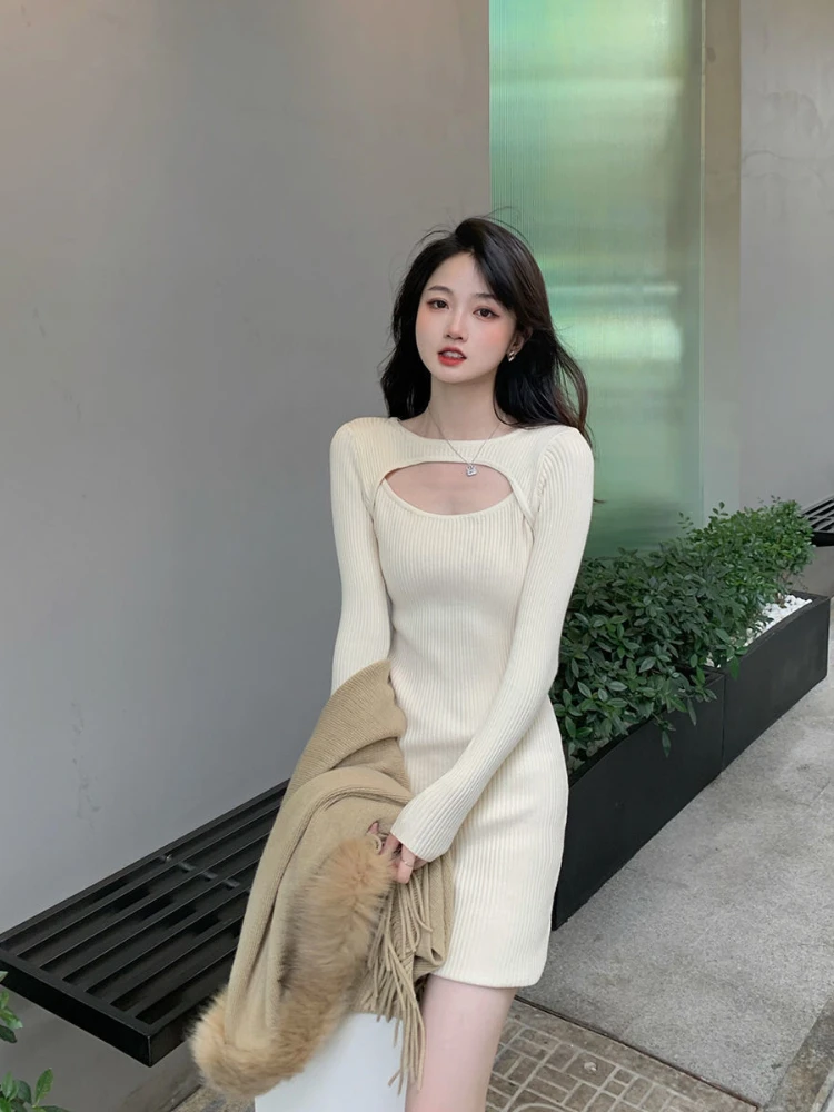 

Bodycon Sexy Daring Crochet Extreme Mini Female Dress Short Clothing Solid Hollow Out Women's Dresses Autumn and Winter Y2k Knit