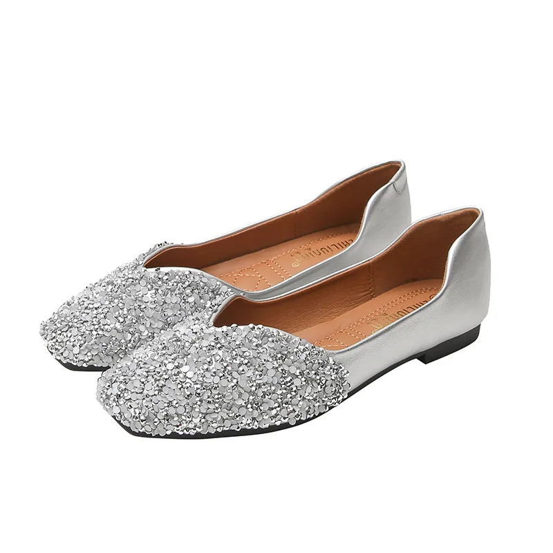 Women's Flats Square Head Shine Rhinestone Slip On Non-Slip Wedding Party Shoes