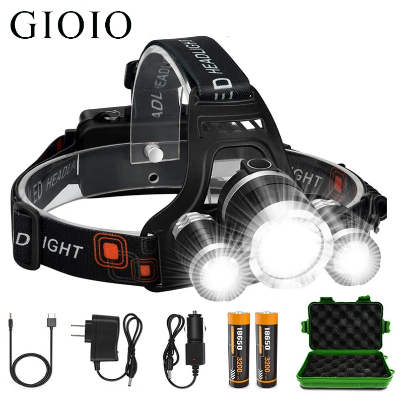 3LED Headlamp Ultra Bright Waterproof 4 Modes Headlight T6 LED Flashlight 18650 Rechargeable Battery Hunting Fishing Dropship