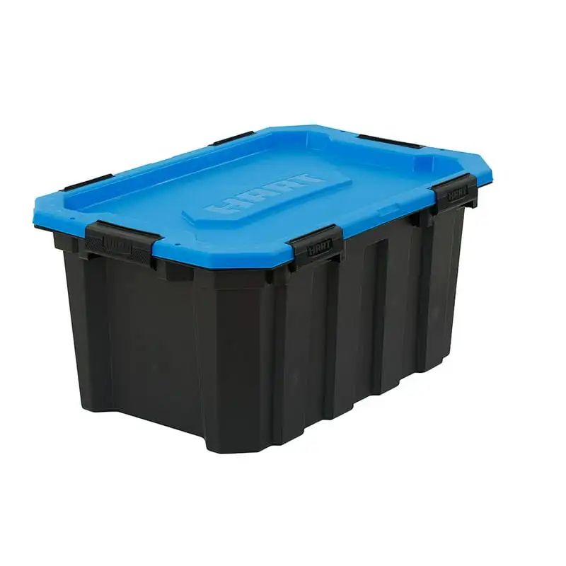 

Gallon Weatherproof Latching Heavy Duty Plastic Storage Bin, Black Base/Blue Lid