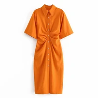 ladies chic fashion button drape mid length lapel pleated decorative shirt dress vintage short sleeve side zipper women dress