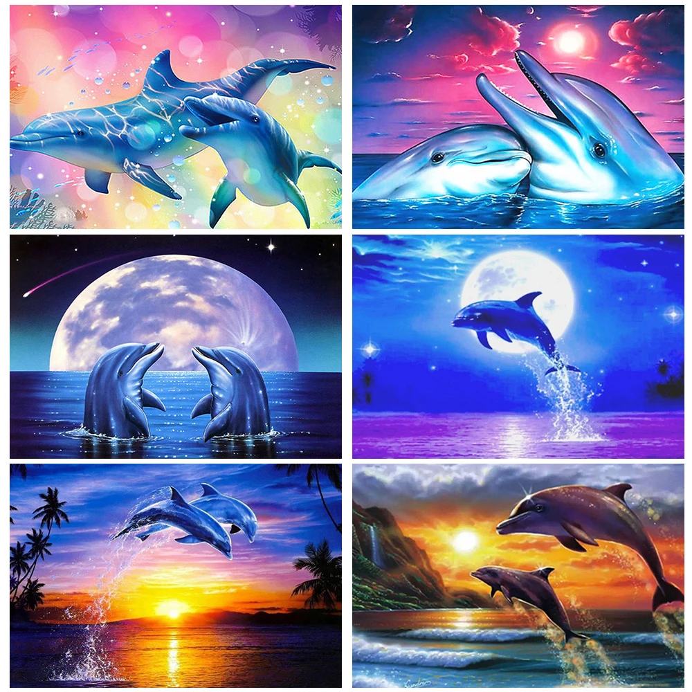 

Miaodu Diamond Painting Full Round Drill Ocean Dolphin 5D Diamond Embroidery Mosaic Kits Art Needlework Home Decoration Gift