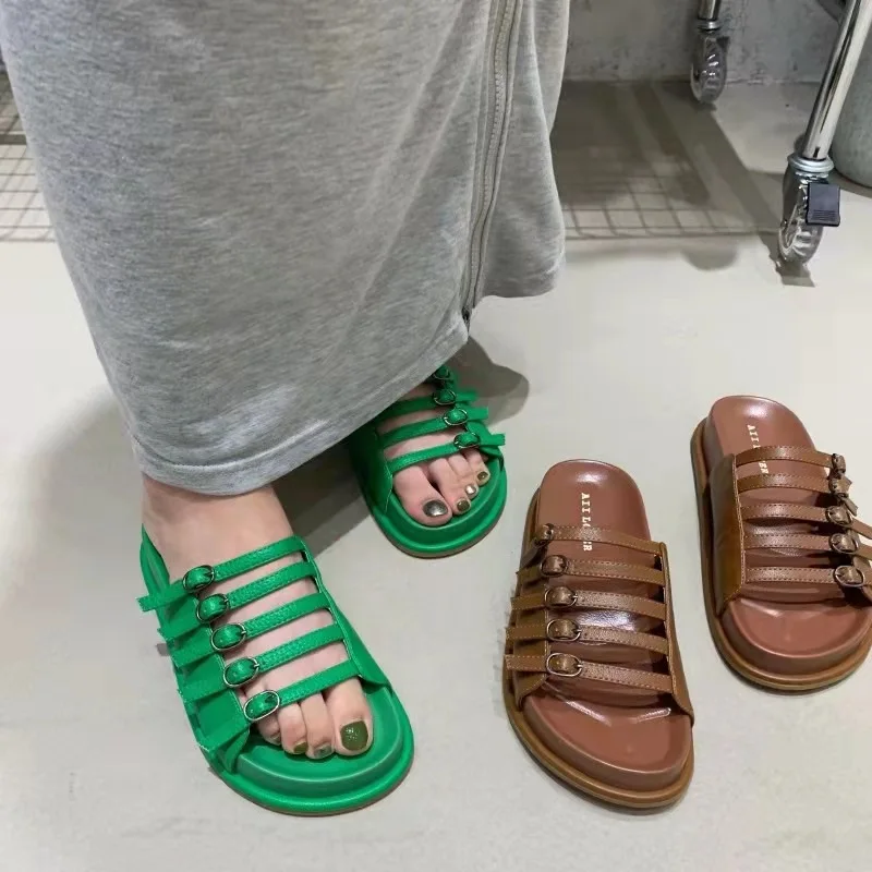 

Slippers Women Summer Platform Slides Low Female Shoes Fashion 2022 Luxury Beach Basic Hoof Heels Rome Fabric PU Rubber Shoes La