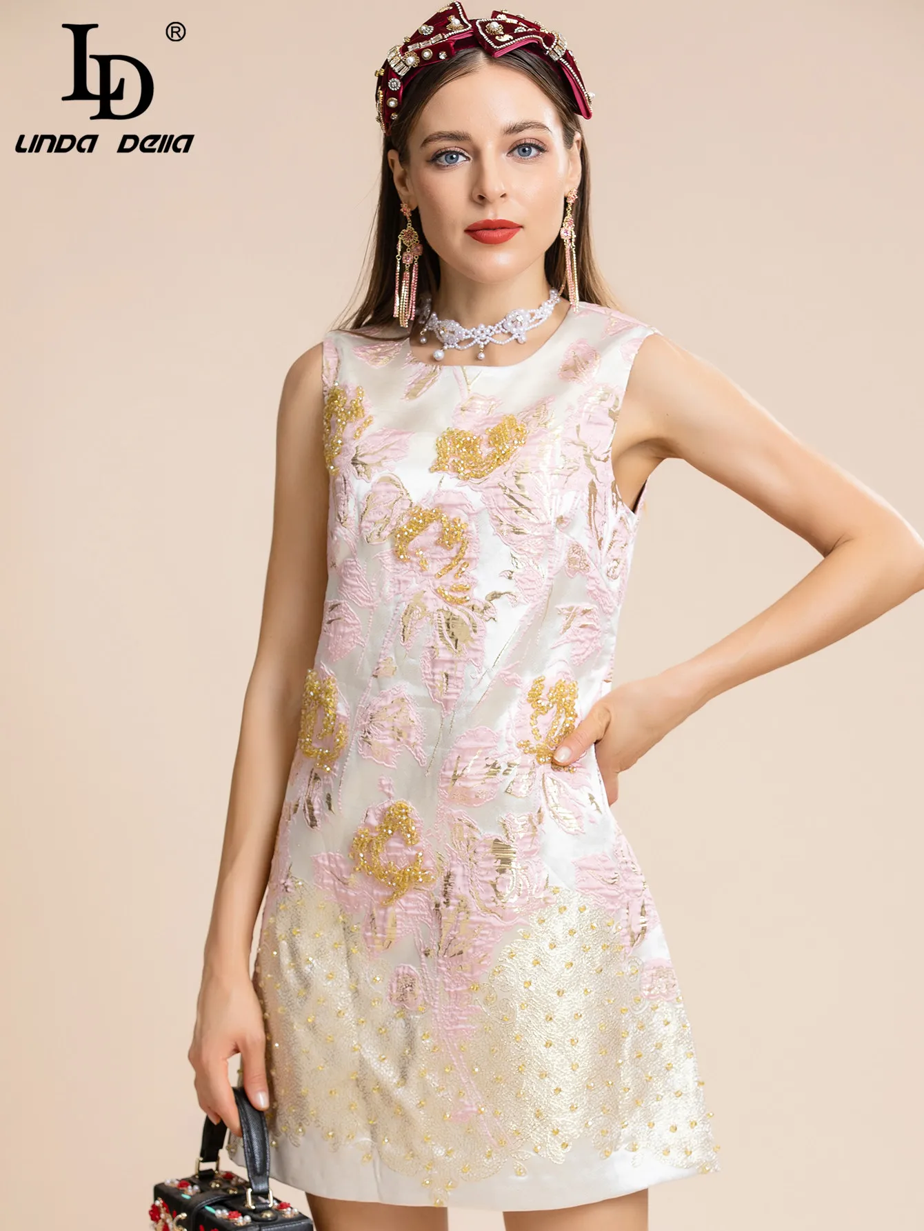 

LD LINDA DELLA Designer Summer Fashion Short Tank Dress Sleeveless Luxury Crystal Bead Jacquard Vintage Print Party Mini Dress