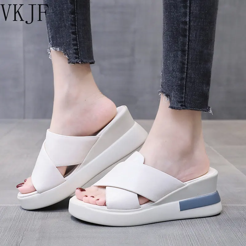 

Летние женские тапочки из натуральной кожи, однотонные женские туфли на высоком каблуке, женские шлепанцы на платформе, летняя обувь, 2023