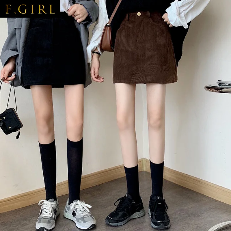 

F GIRLS Corduroy Skirts Women Mini Ulzzang Empire Autumn Solid Minimalist Classy All-match Daily Faldas Chic Students Harajuku