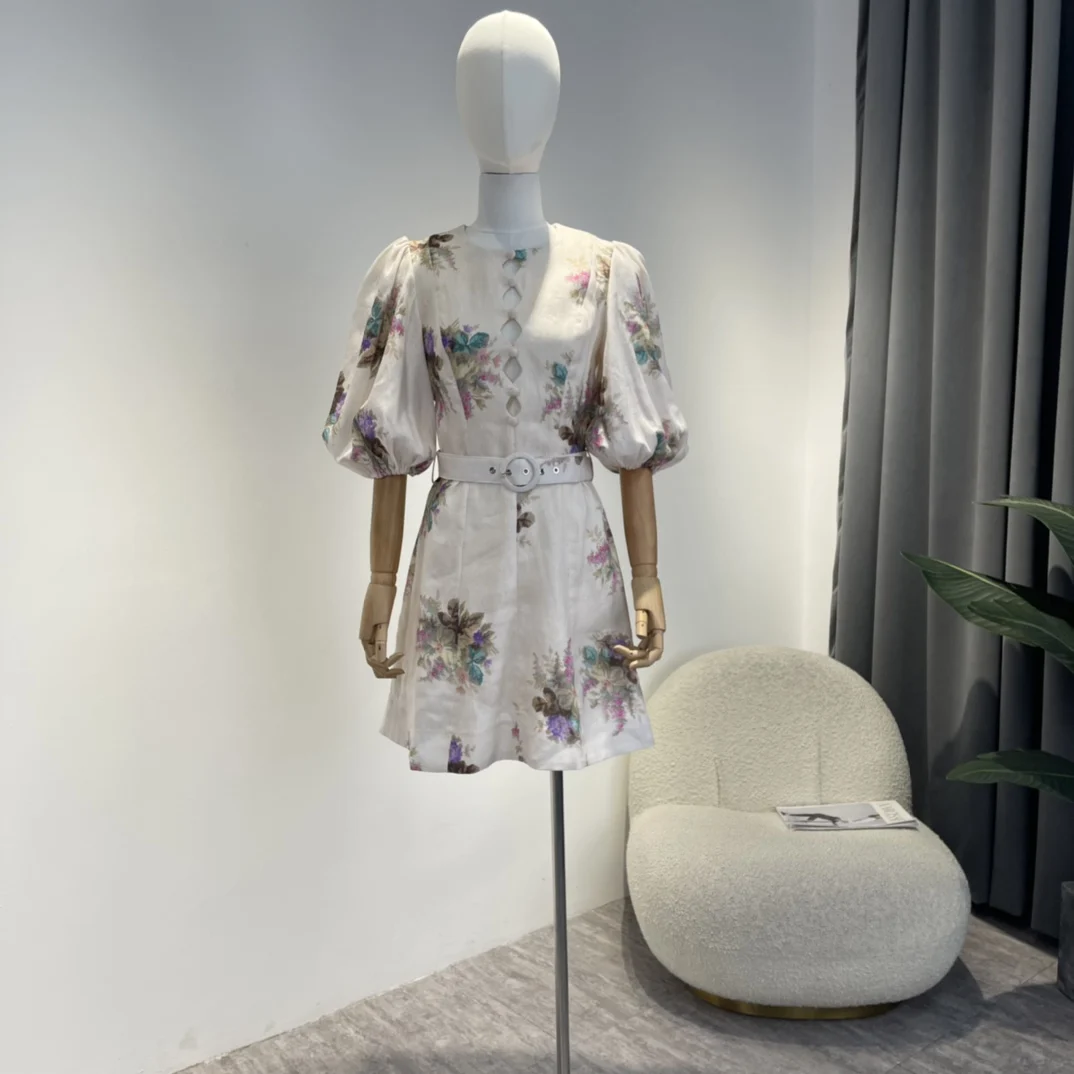 

Женское винтажное льняное мини-платье с цветочным принтом и вышивкой