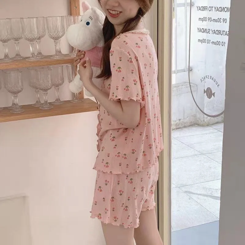 QWEEK Women's Summer Suit Floral Lace Trim Pajamas Korean Fashion Home Clothes Pijamas Sleepwear Cute Pink Yellow Blue Pyjamas