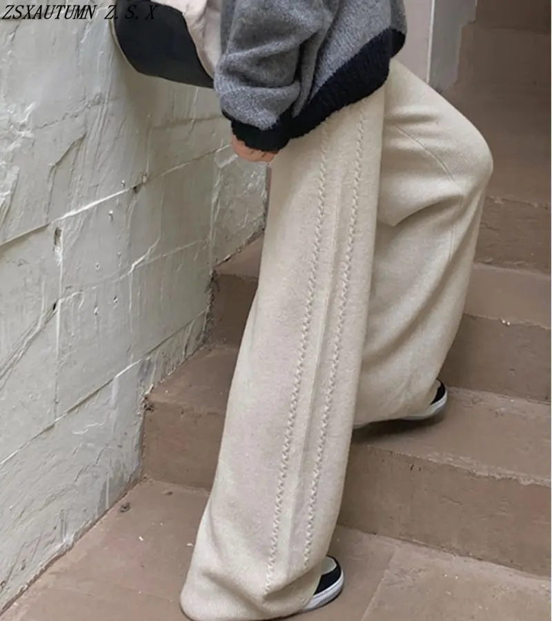 

Knitted Wide Leg Pants Women's Autumn Winter High Waist Casual Straight Leg Trousers Female Fashion Trend Vintage Sport Pantalon
