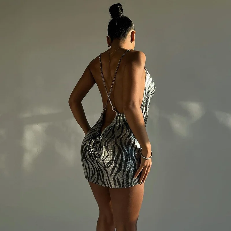

SKMY 2022 New Summer Fashion Printing Clothes For Women Sexy Chain Spaghetti Strap Dress Backless Low-Cut Deep V Bodycon Dress
