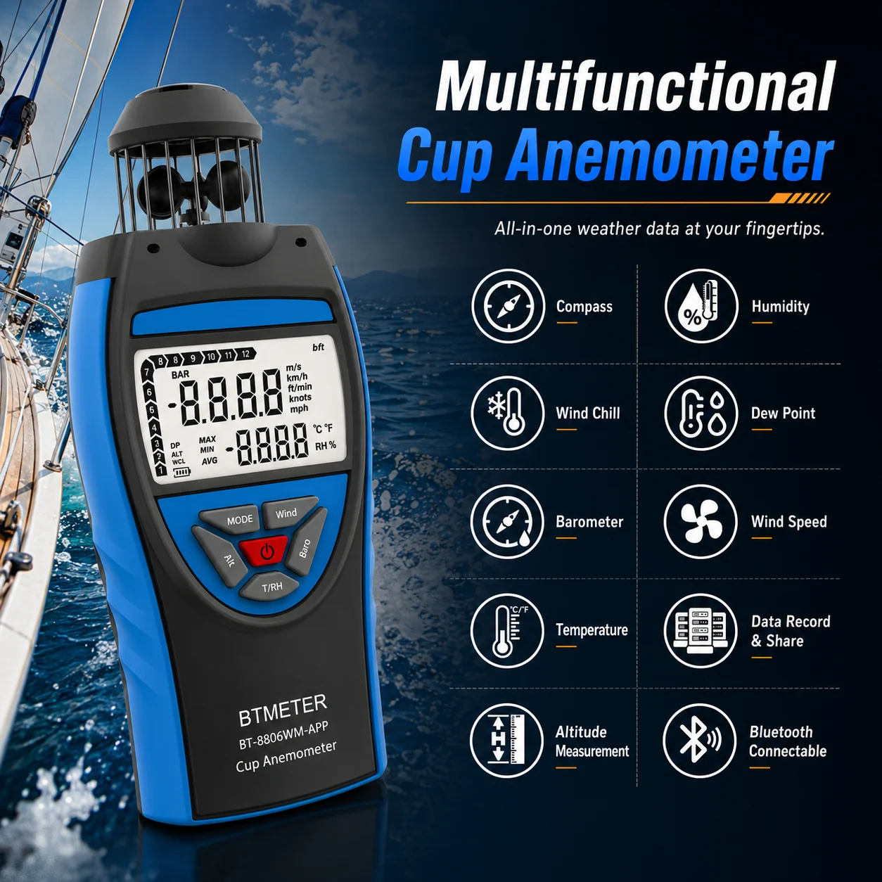 Фото Метеорологический измеритель 8806WM с Bluetooth и приложением, 360° °   Измеритель скорости ветра, температуры, влажности, барометр, высотомер, точка росы, компас для полевых работ и активного отдыха №2