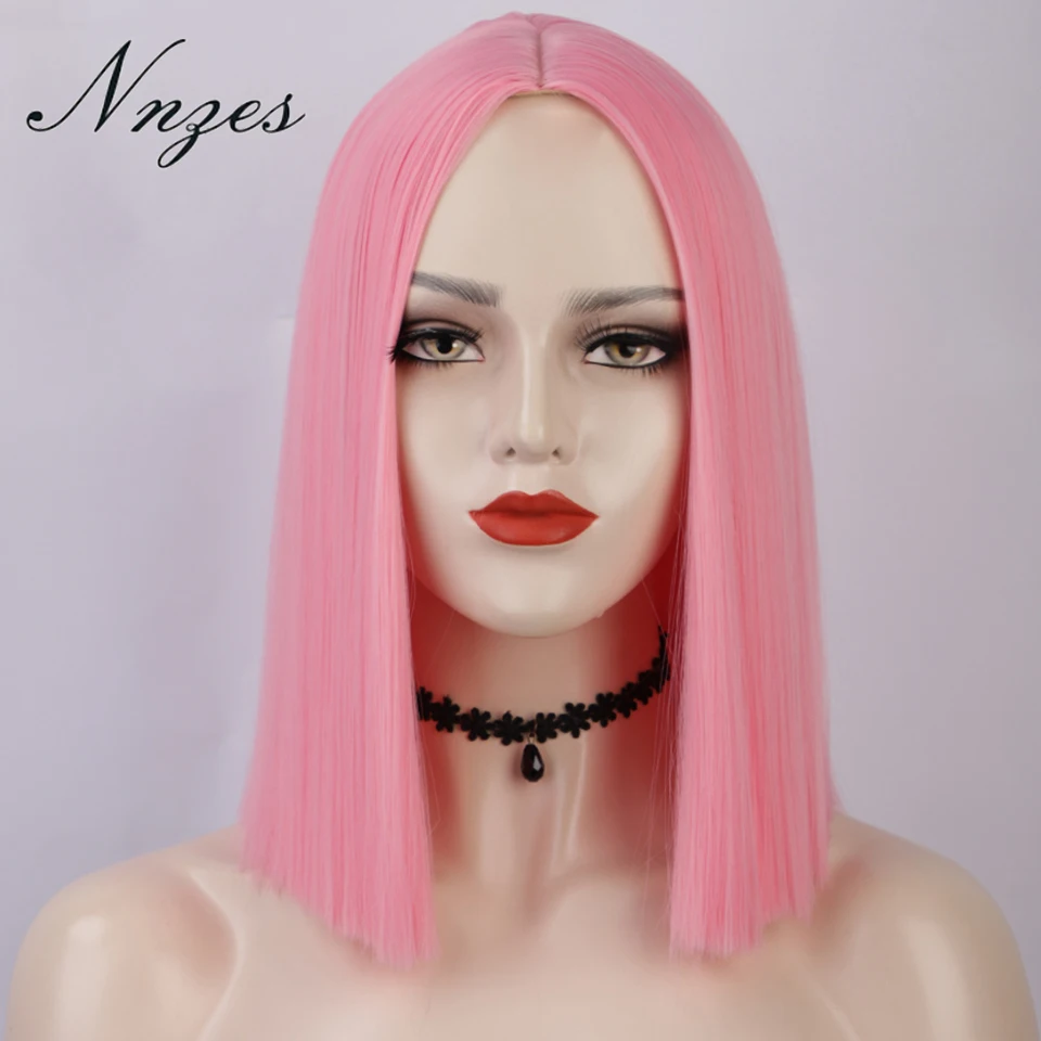 

NNZES 14 дюймов синтетический розовый косплей парик Средняя часть прямой короткий боб парик для женщин Красный Коричневый блонд костюм для Хэл...