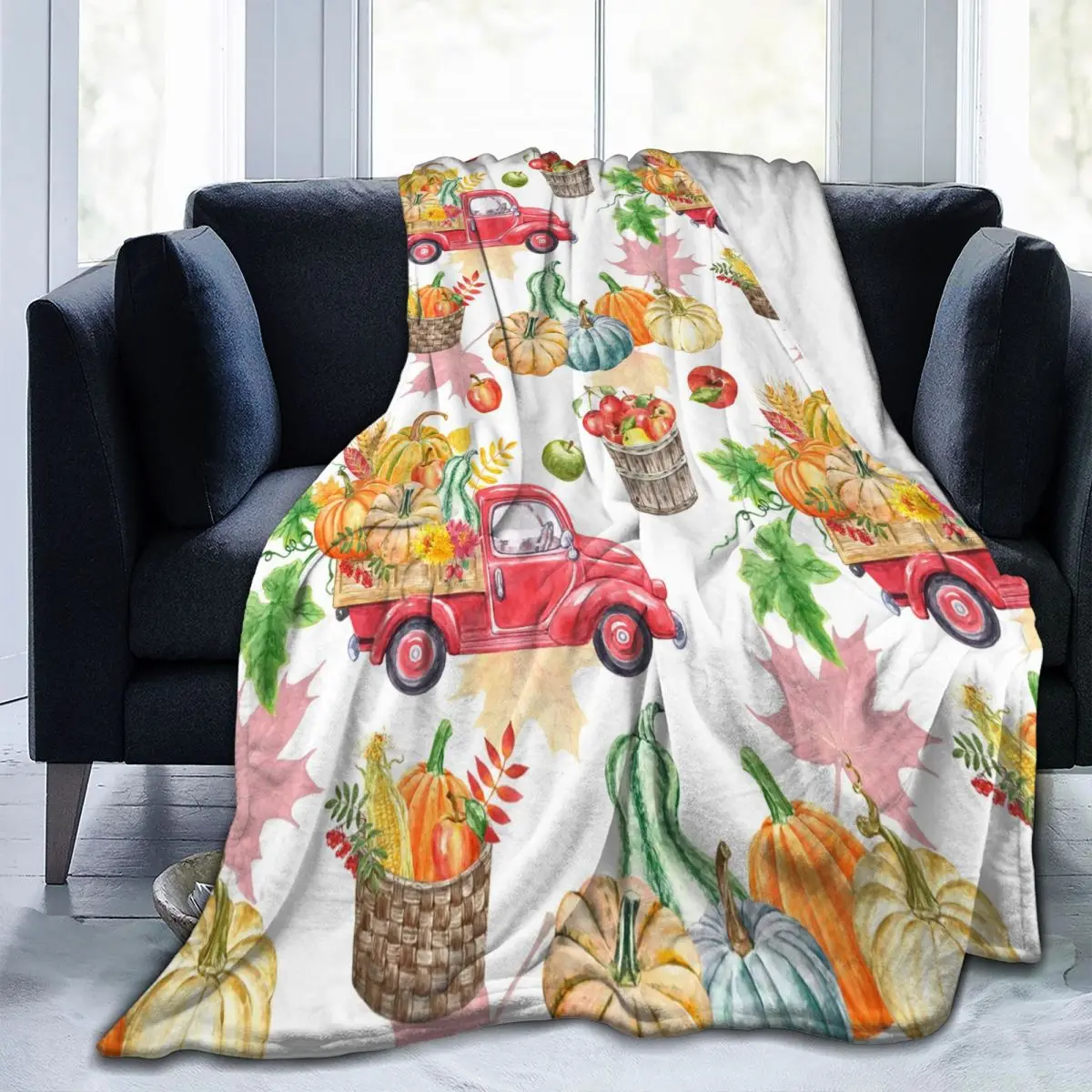 

Flannel Blanket Harvest Red Truck With Pumpkins Wheat Soft Fleece Blanket Bedspread Cover for Bed Sofa Home Decor
