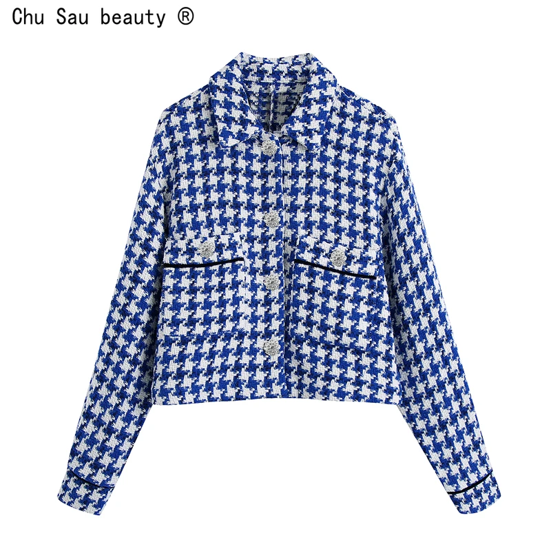 

Spring New Fashion England Style Urban Casual Single Breasted Houndstooth Textured Crop Top Long Sleeve Jacket For Women