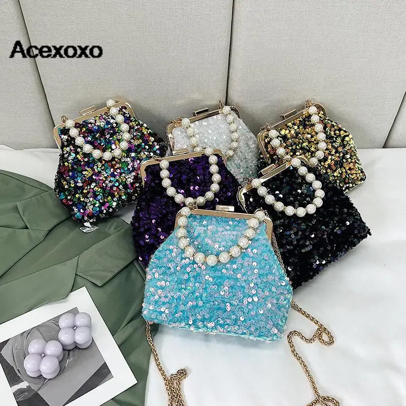 

Europe and the United States spring and summer new sequin pearl Tote bag all casual shoulder oblique span bag