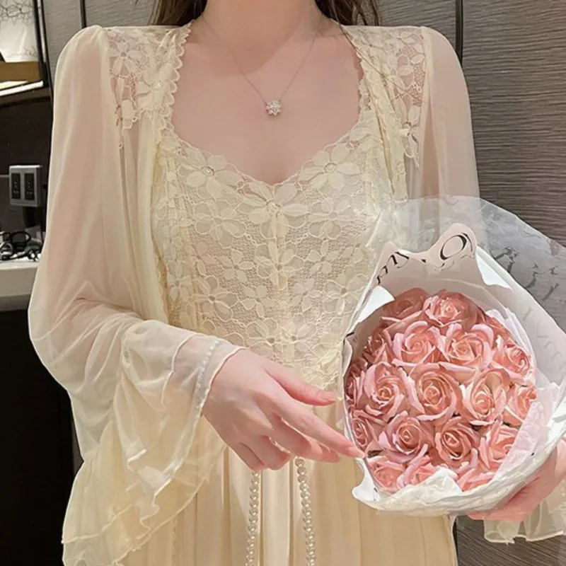 Nightdress Women Lace Strap Palace Style Sexy Nightgowns Pajamas Summer Retro Elegant Sleepshirt Home Dressing Gown Pajama Dress